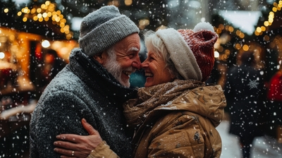 senior couple having fun at a Christmas market