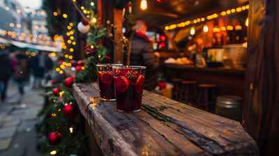 Two Glasses of Mulled Wine on Wooden Countertop at Christmas Market - Photo
