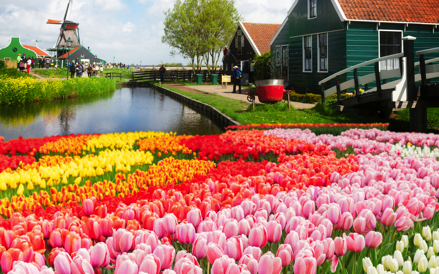 kleine Holzhäuser und Kanal in Zaanse Schans in den Niederlanden