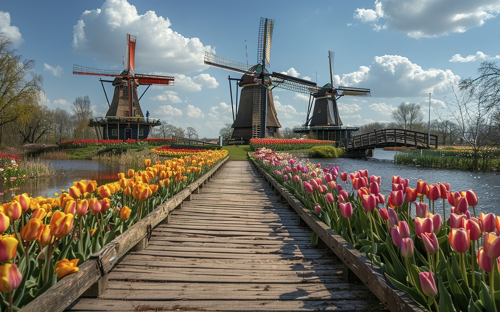 Steg mit Tulpenbeeten und im Hintergrund Windmühlen