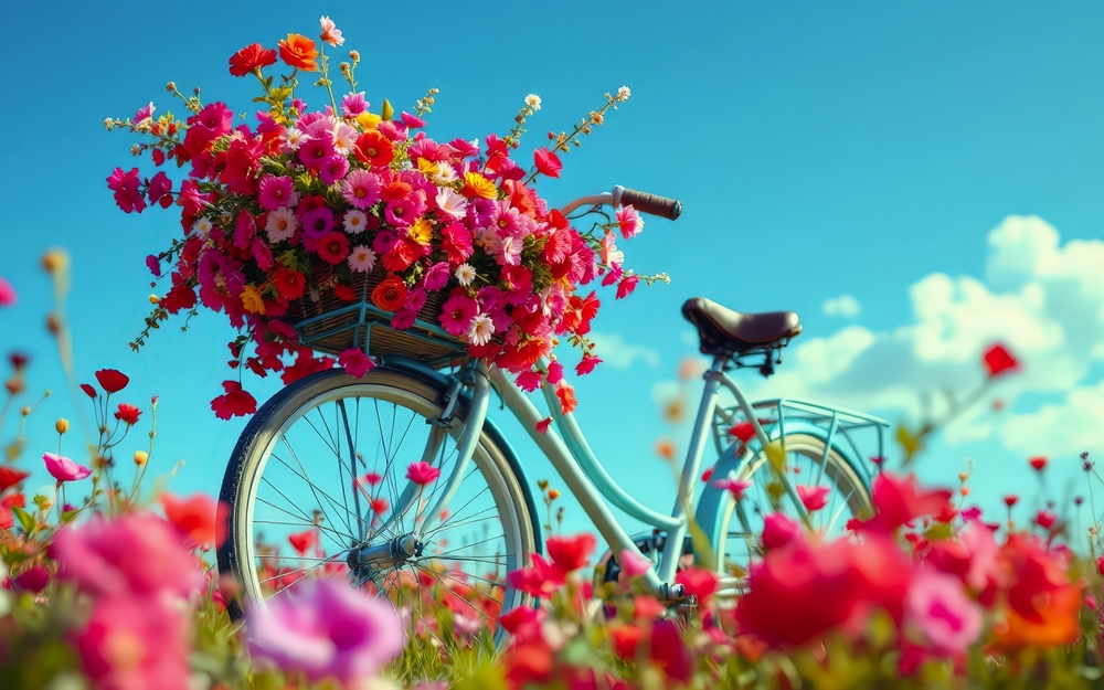 Fahrrad mit Blumen­korb steht in blühendem Blumenfeld unter blauem Himmel.