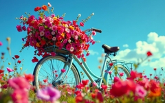 Fahrrad mit Blumen in einem sonnigen Garten für Valentinstag, Muttertag und Frühlingsfeste - für Grußkarten, Einladungen und Poster