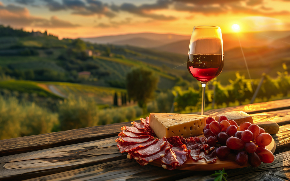 Wein, Käse und Trauben bei Sonnenuntergang in hügeliger Landschaft auf Holztisch.