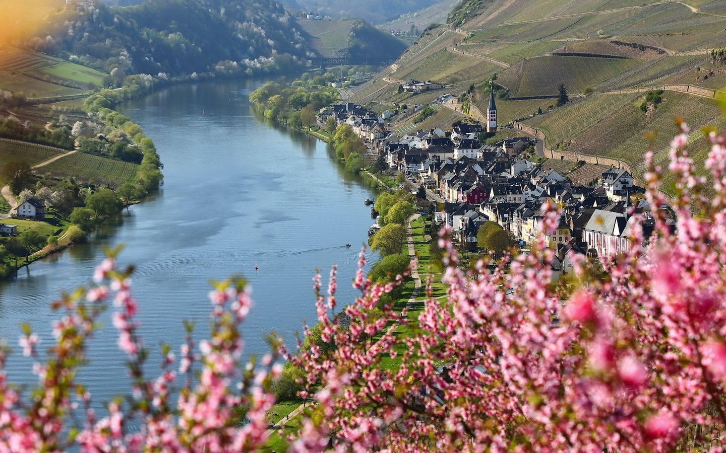 Landschaft der Mosel im Frühling