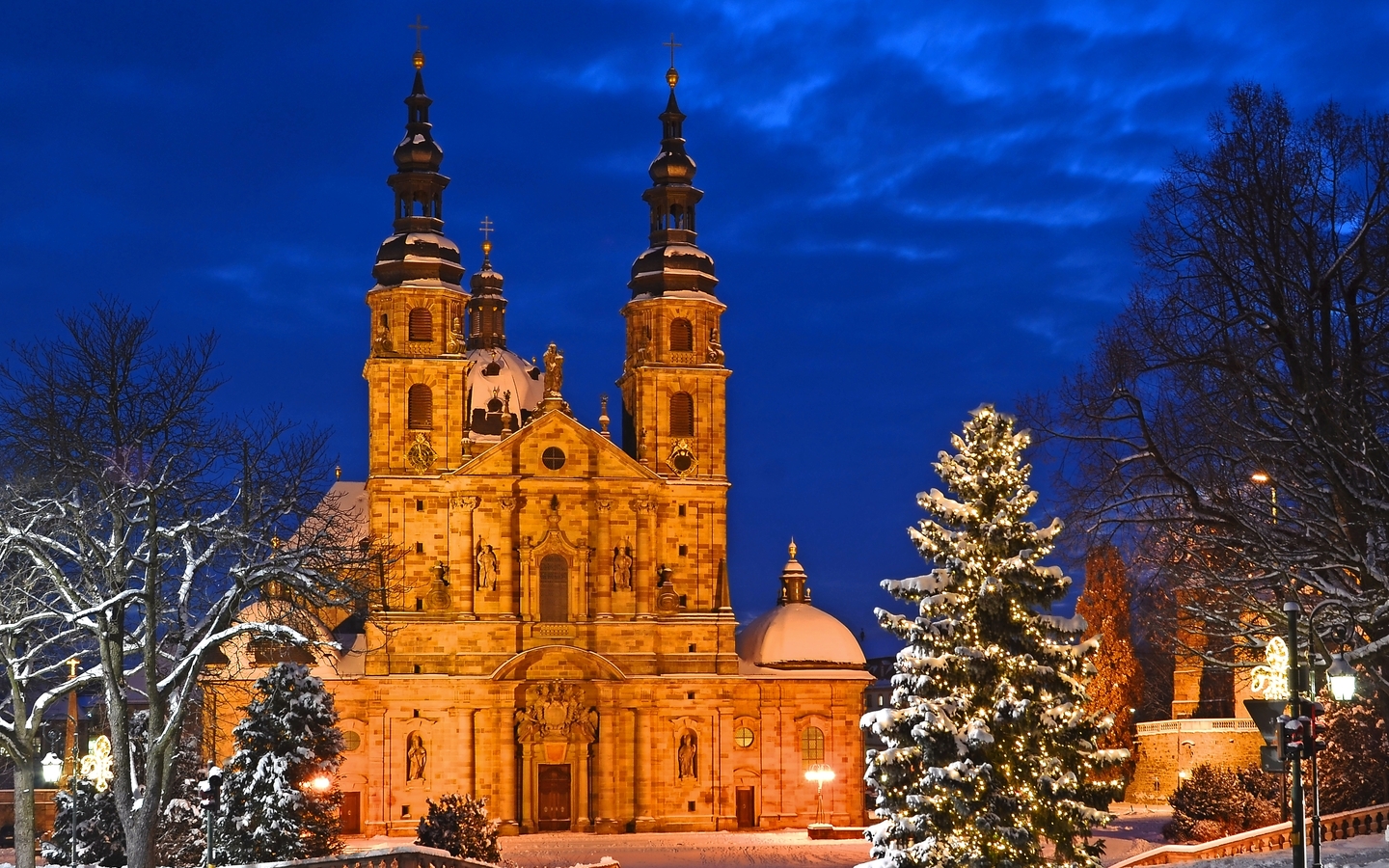 Fuldaer Dom im Winter mit Schnee und Weihnachtsbaum bei Nacht