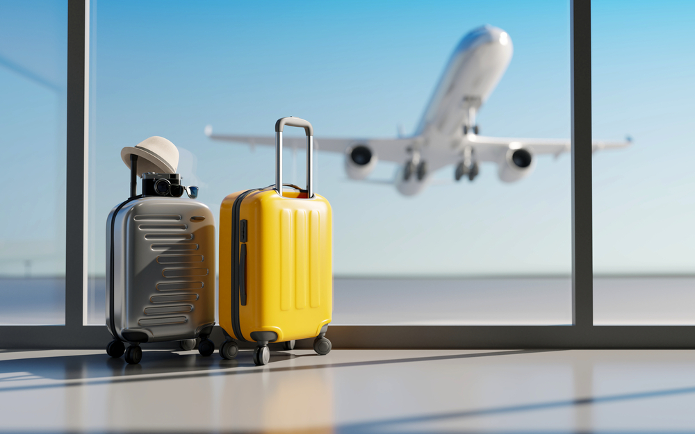 Koffer am Flughafen. Reisekonzept. 3D-Rendering